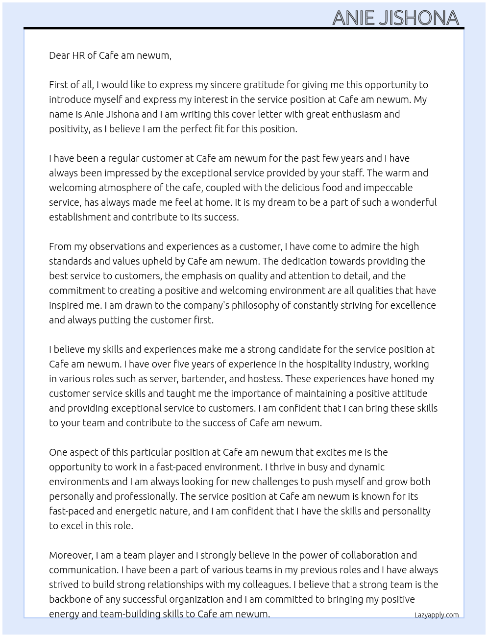 Service At Cafe am newum Cover Letter