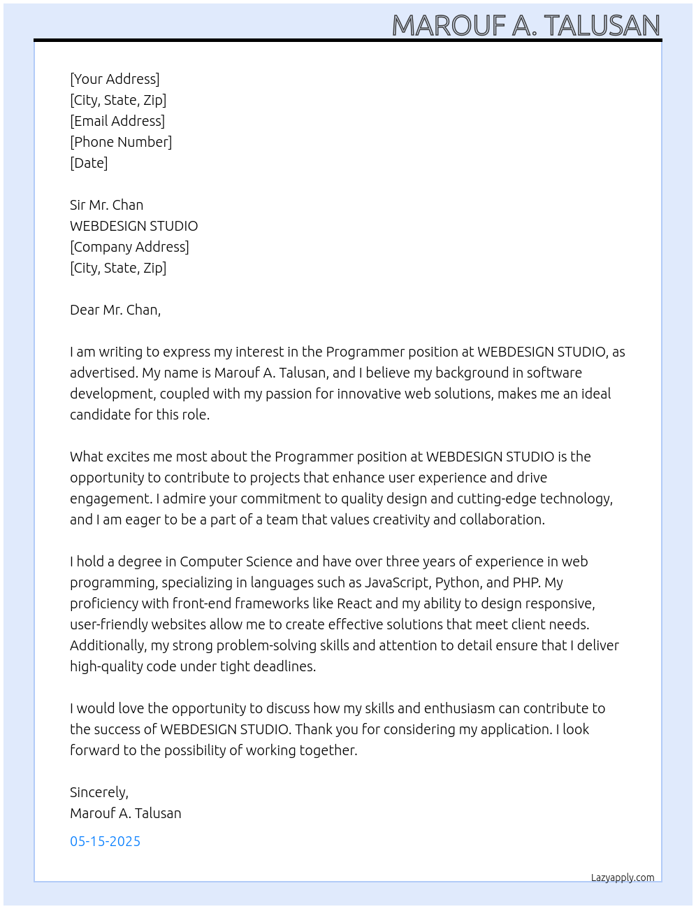 Programmer  At WEBDESIGN STUDIO  Cover Letter