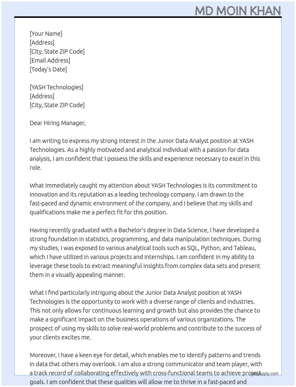 junior data analyst At YASH Technologies Cover Letter