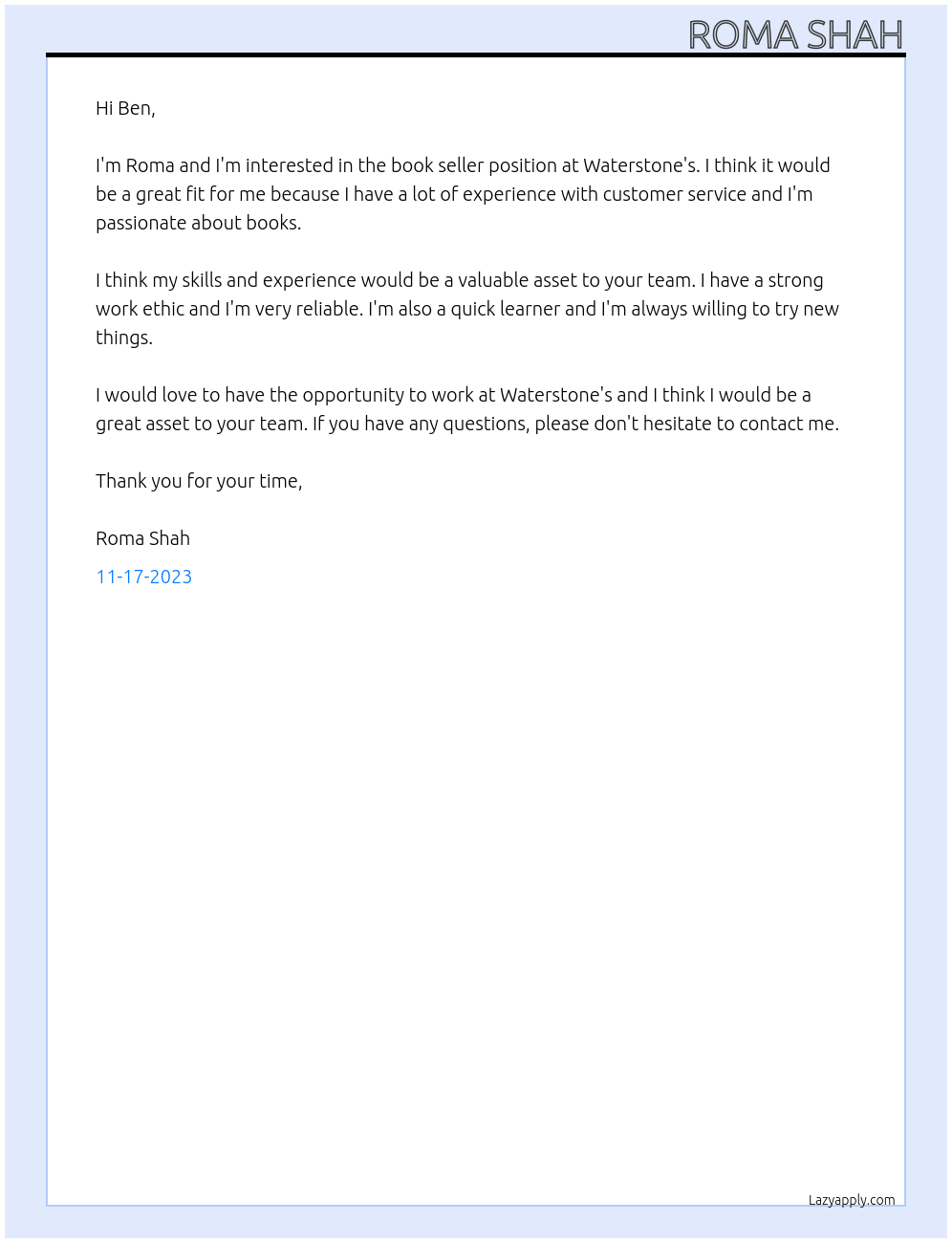 Book seller At Waterstone’s Cover Letter