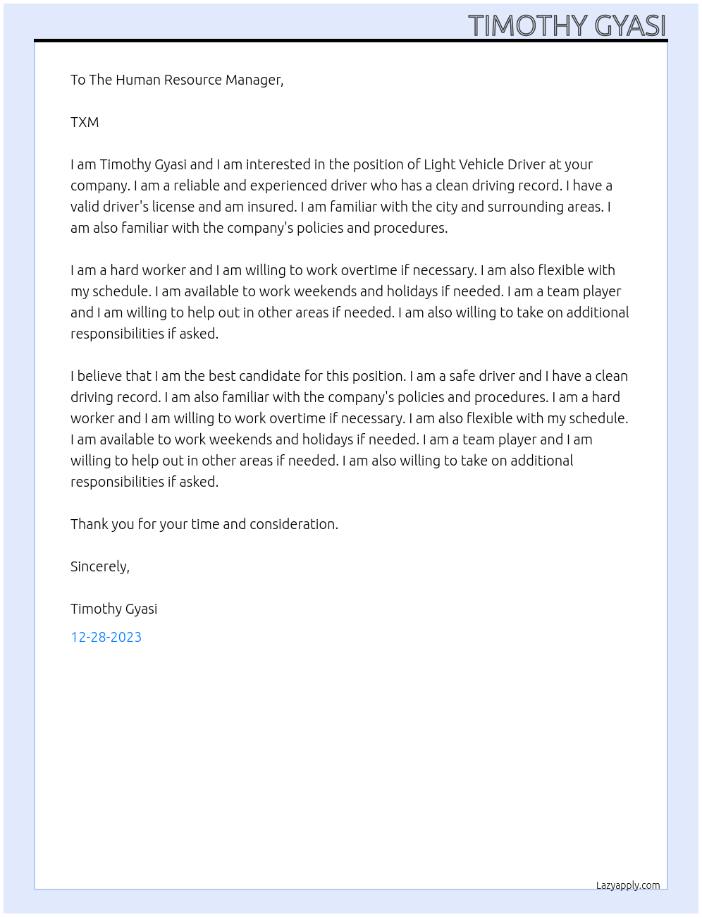 Light Vehicle Driver At TXM Cover Letter