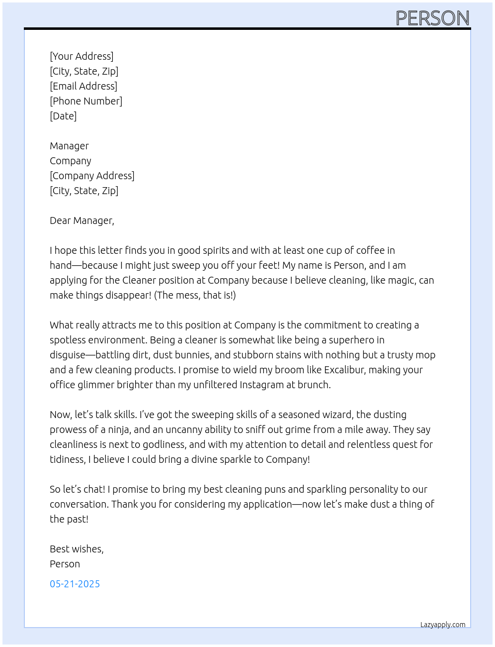 Cleaner At Company Cover Letter