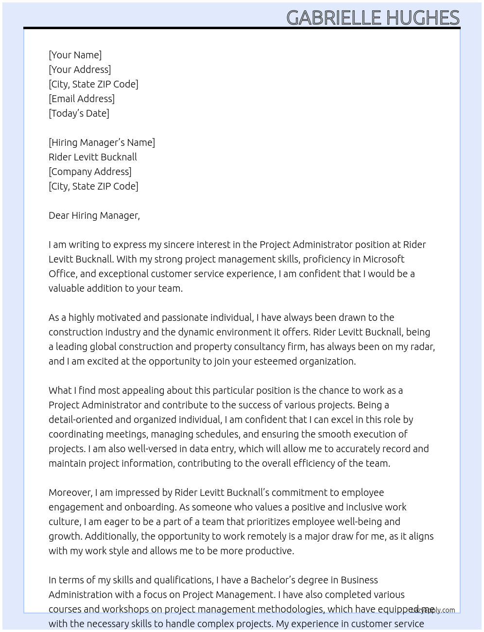 Project Administrator At Rider Levitt Bucknall Cover Letter