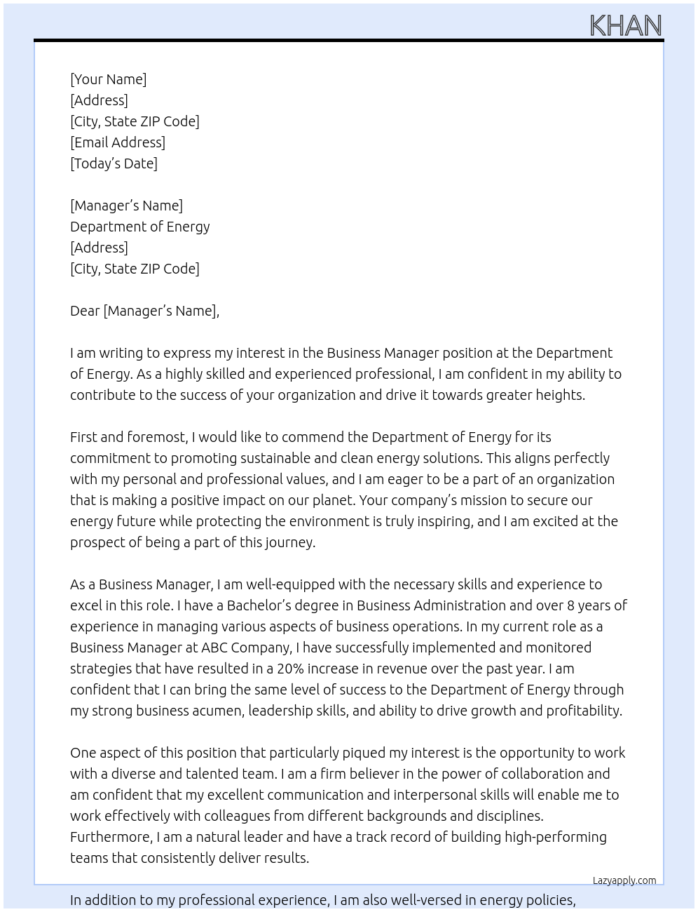 Business Manager At Department of Energy Cover Letter