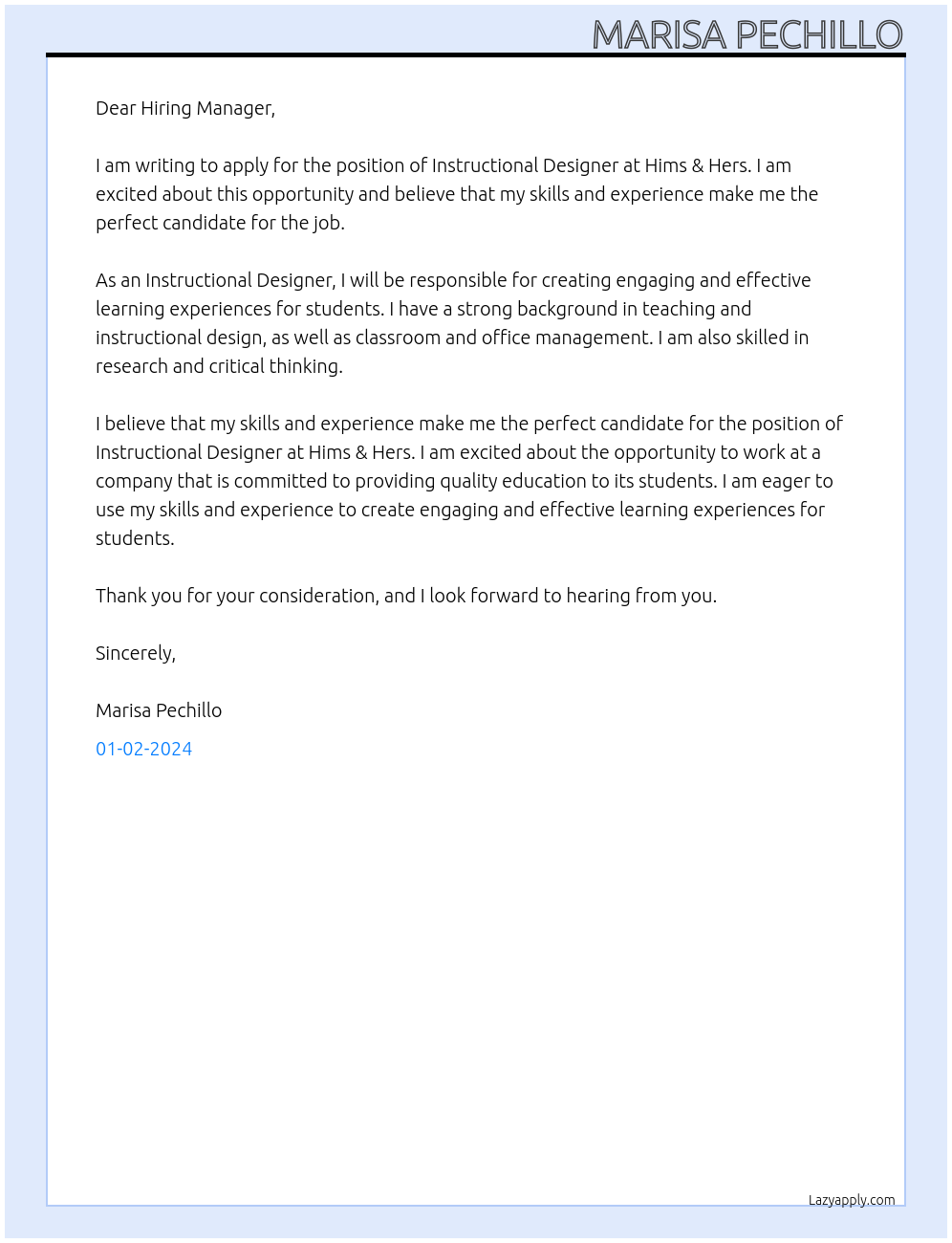 Instructional Designer At hims & hers Cover Letter