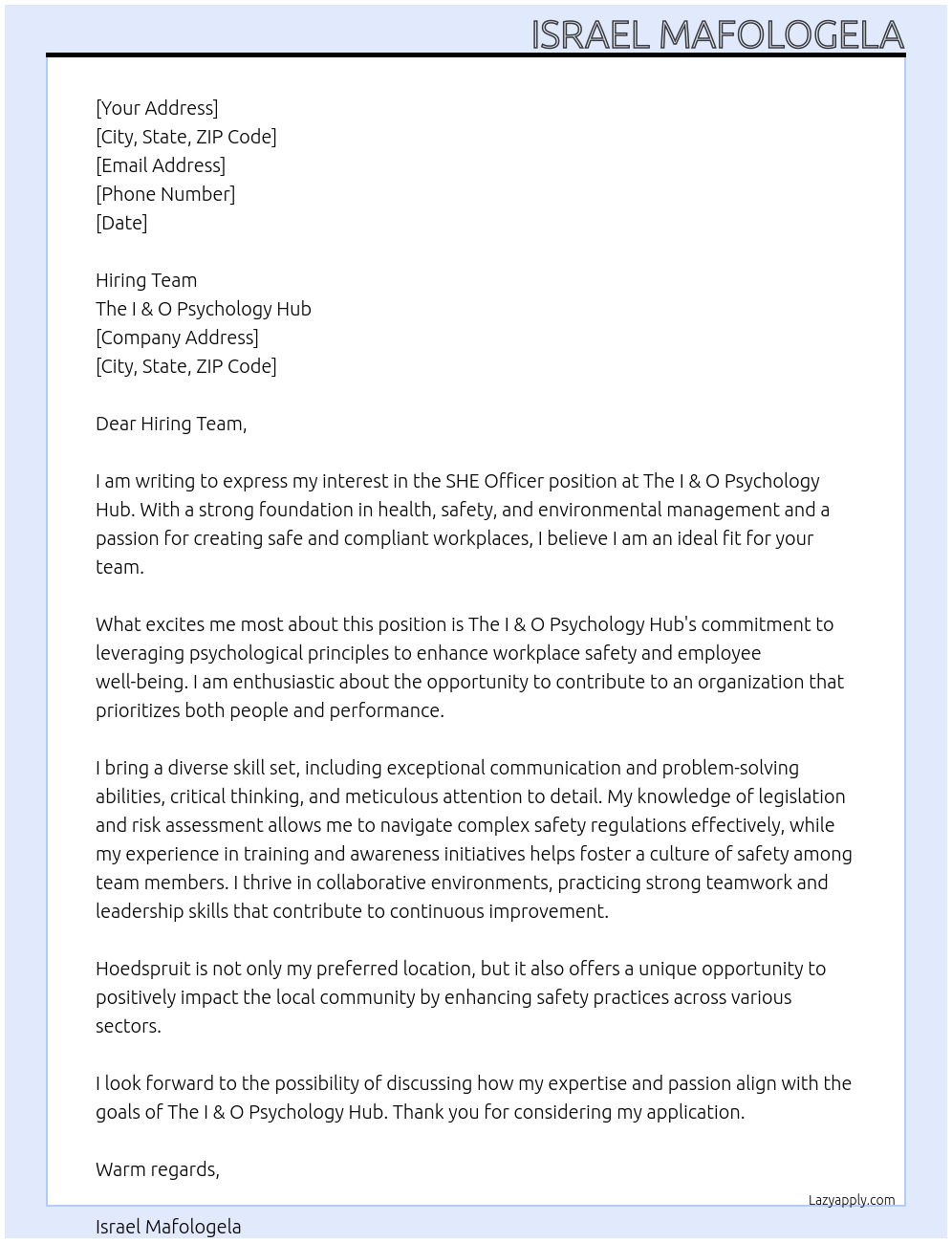 SHE Officer At The I & O Psychology Hub Cover Letter