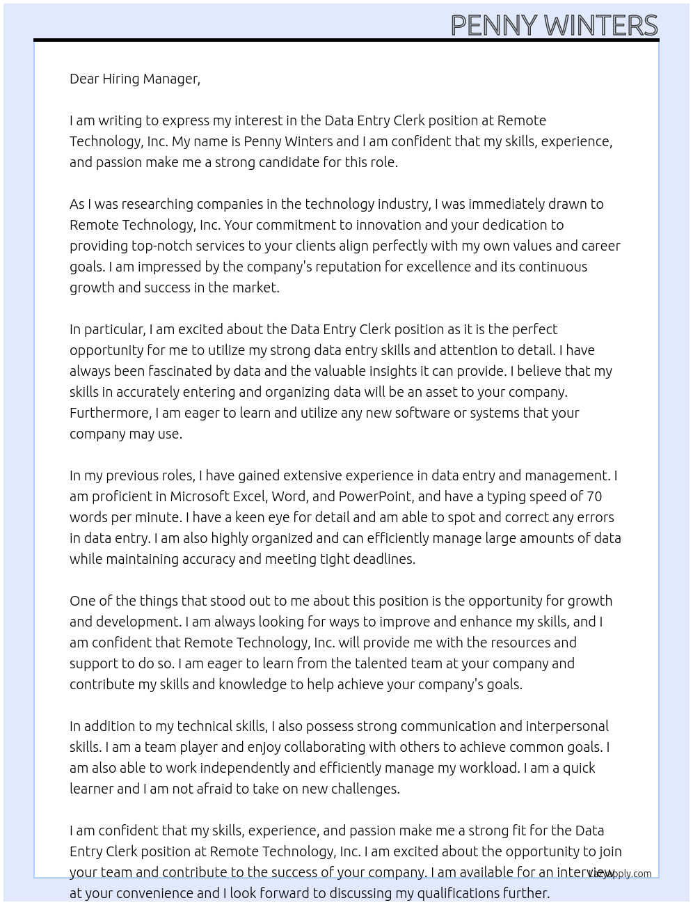 data entry clerk At Remote Technology, Inc Cover Letter