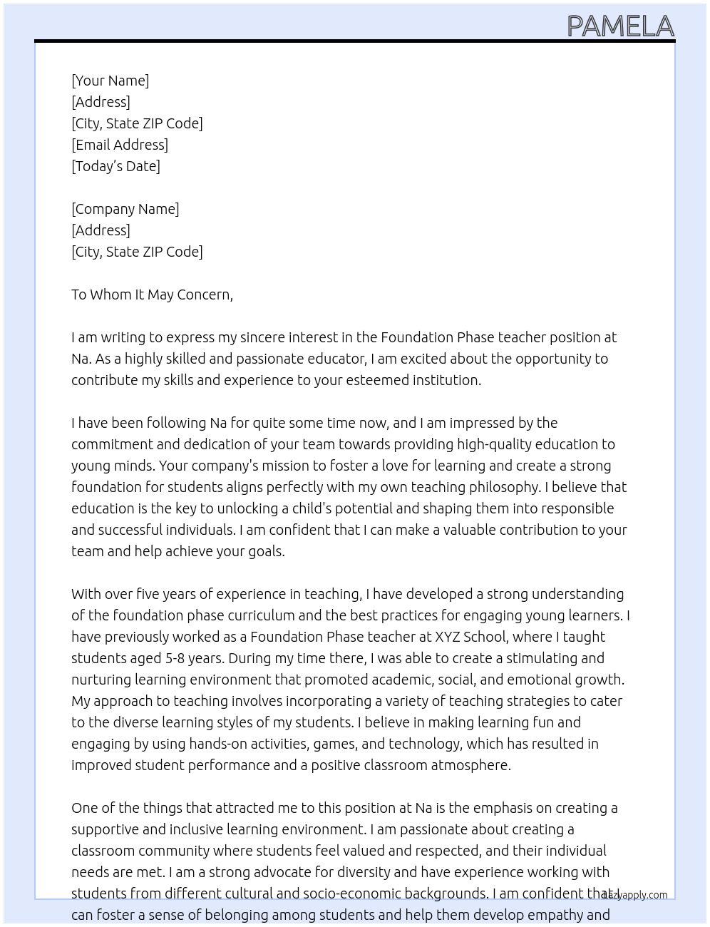 Foundation Phase teacher At Na Cover Letter