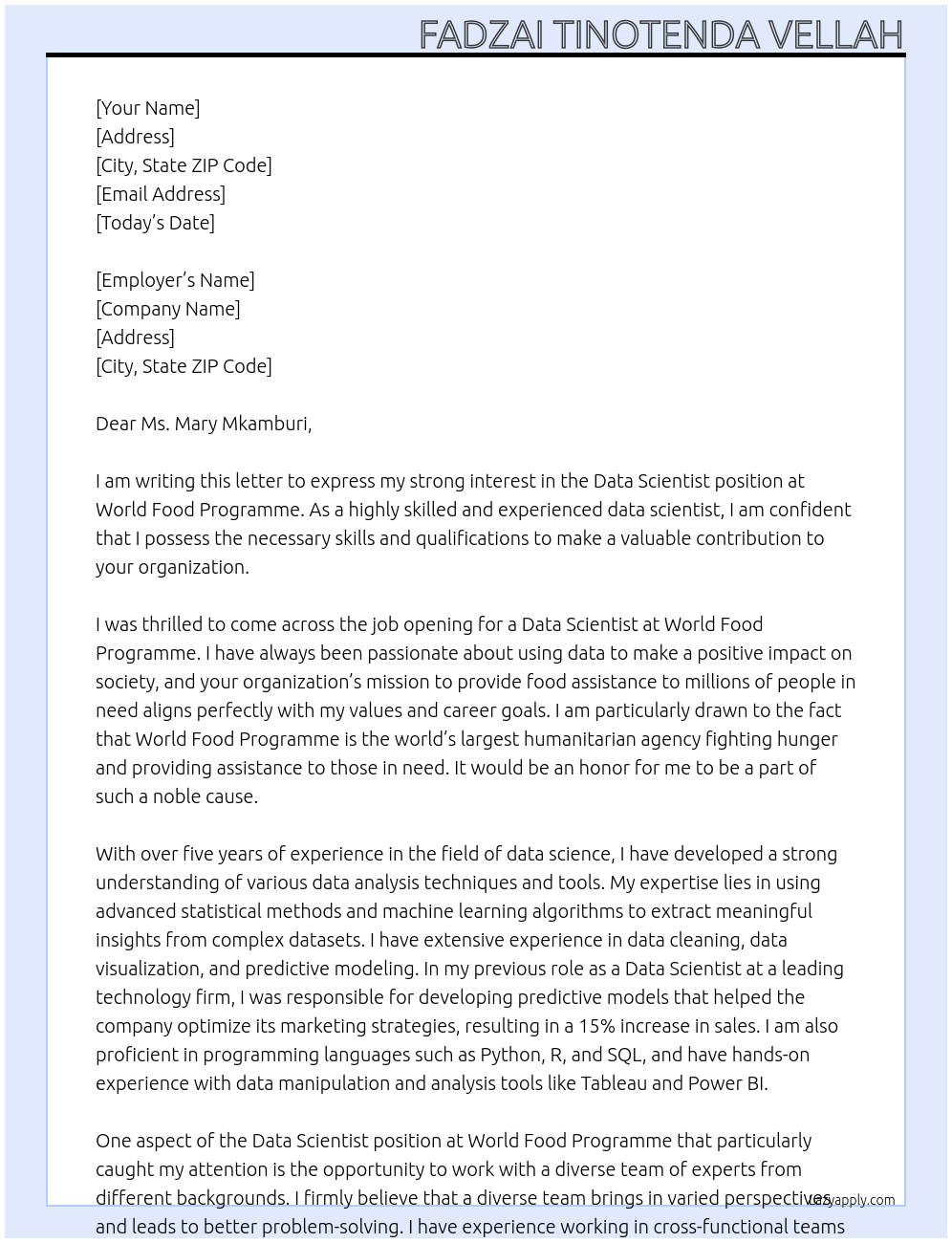 Data Scientist At World Food Programme Cover Letter