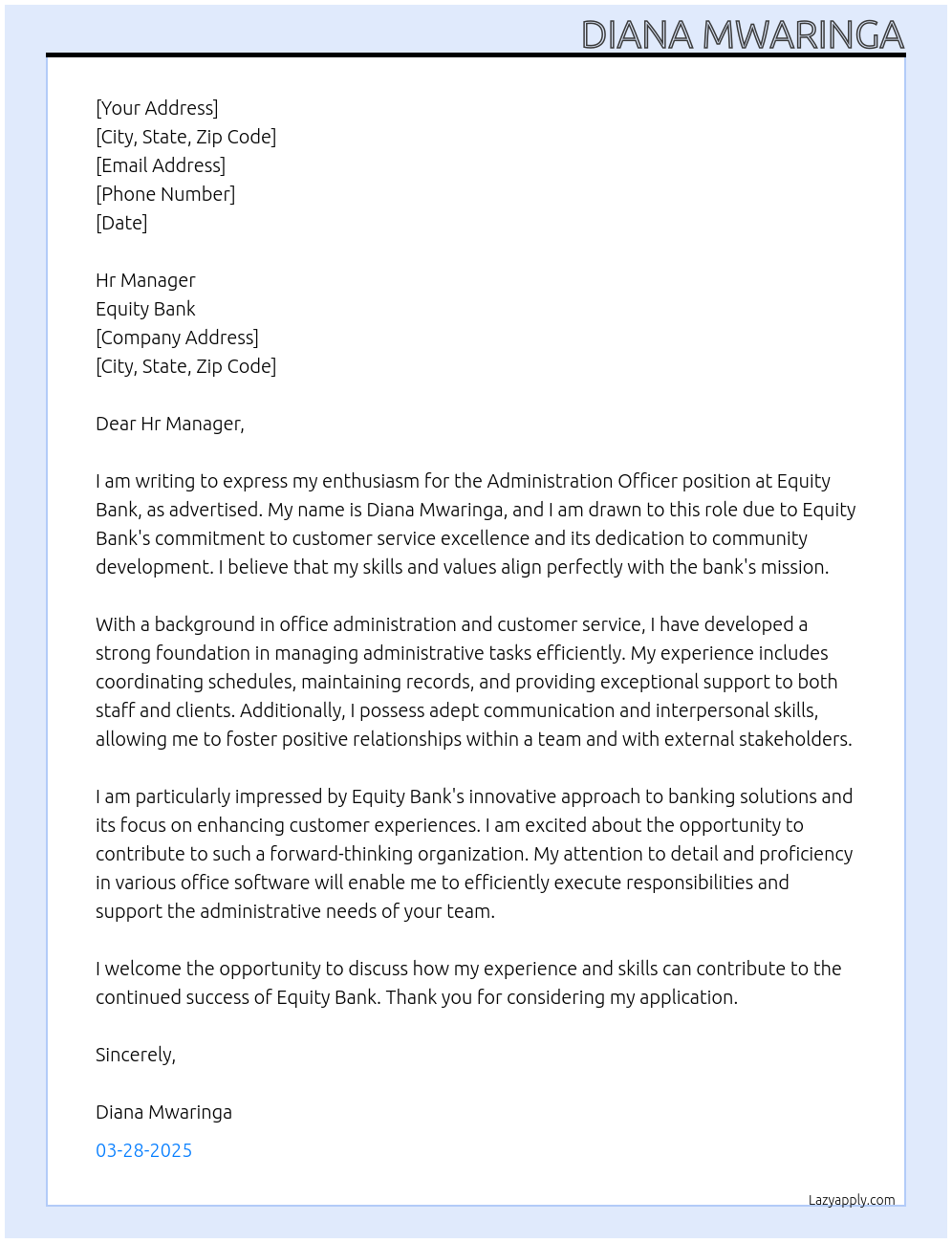 Administration Officer At Equity Bank Cover Letter