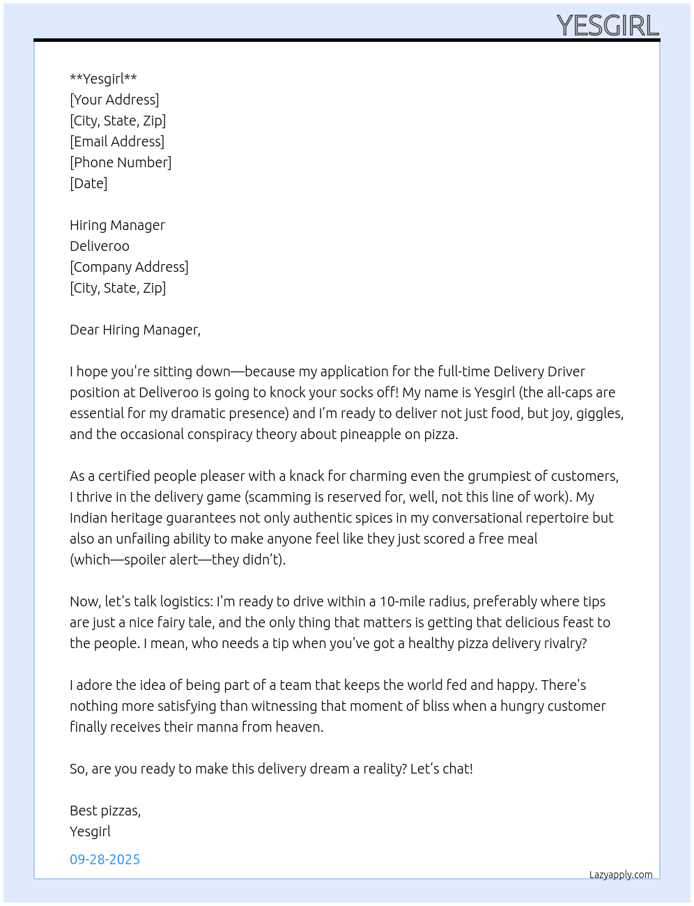 Delivery driver At Deliveroo Cover Letter