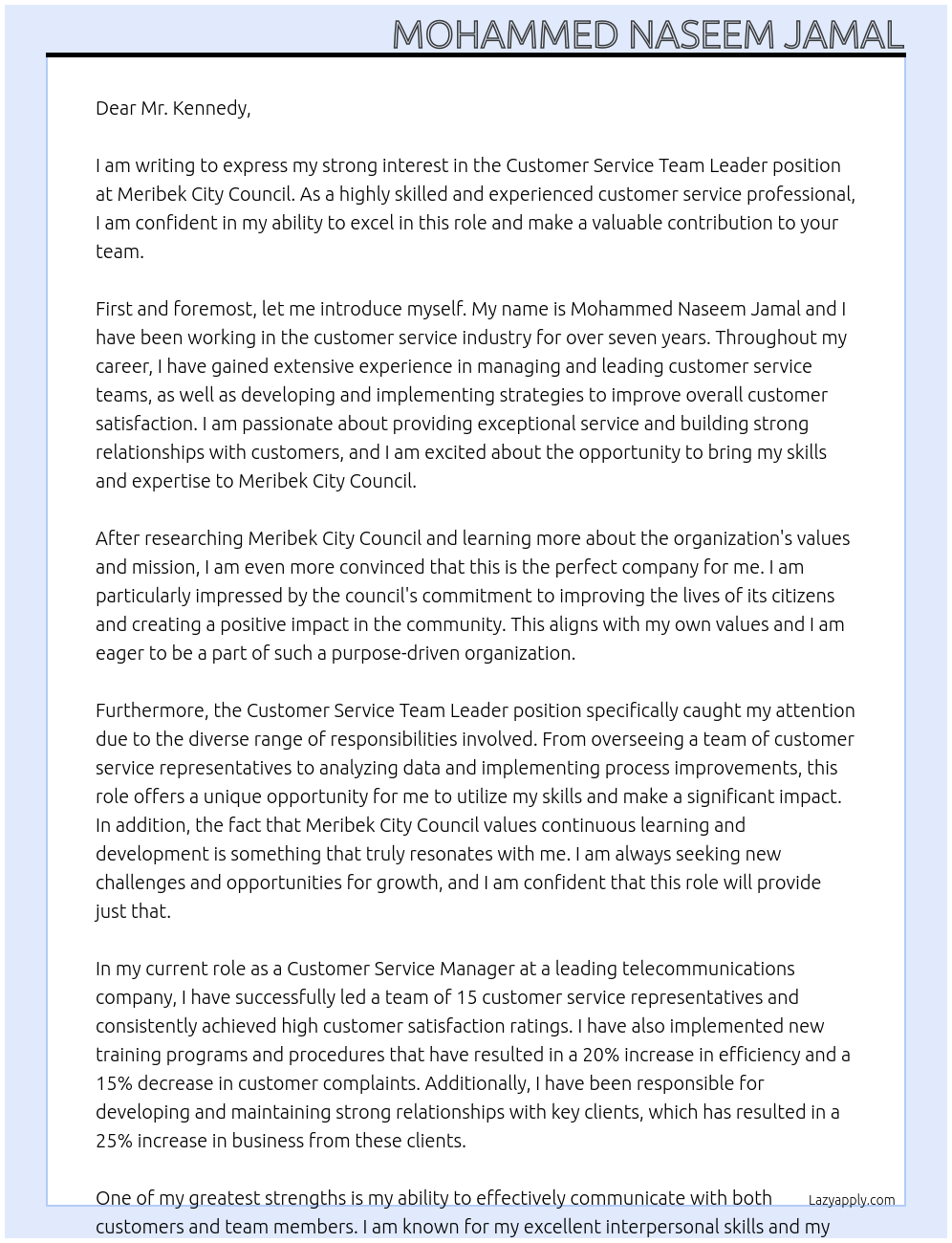 Customer Service Team Leader At Meribek City Council Cover Letter
