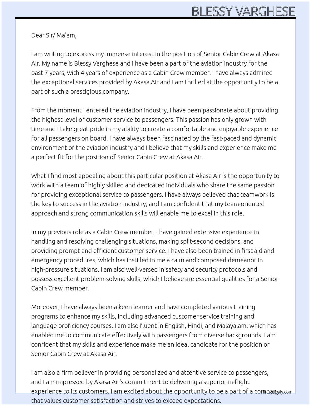 Senior Cabin Crew At Akasa Air Cover Letter