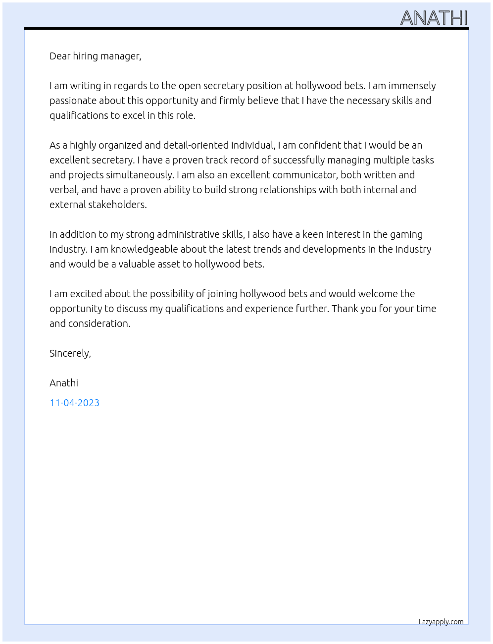 secretary At hollywood bets Cover Letter