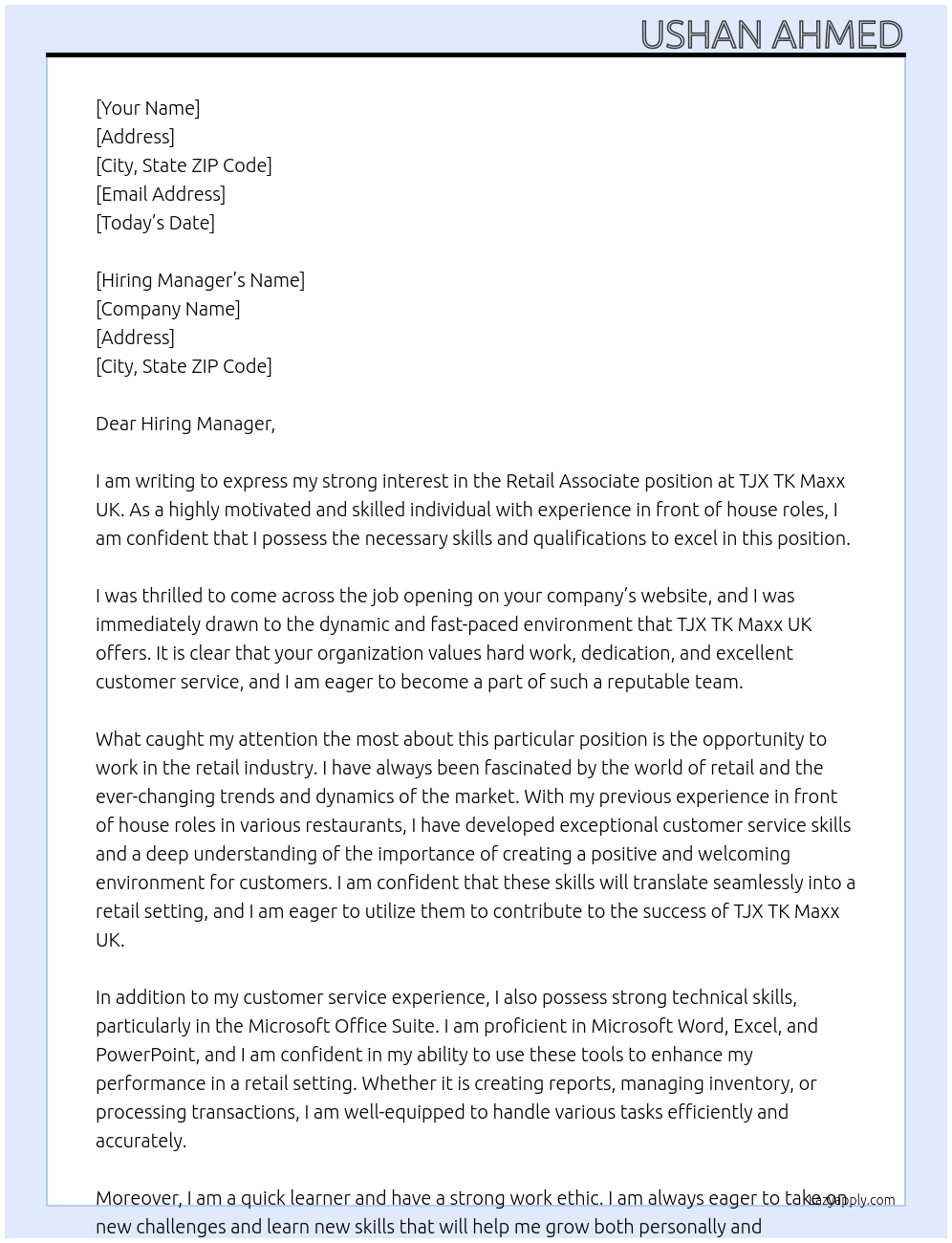 Retail Associate At TJX TK Maxx UK Cover Letter