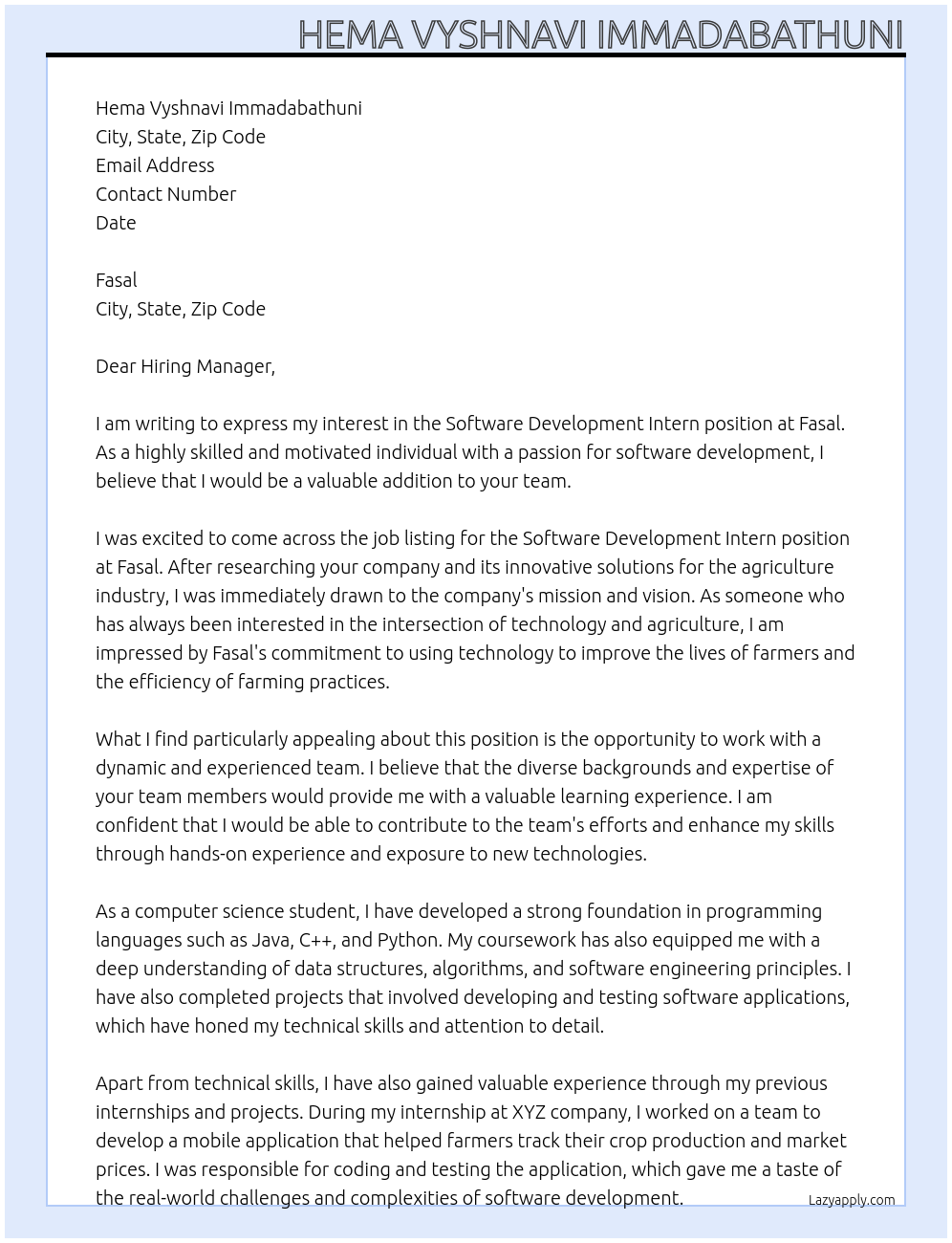 Software Development Intern At Fasal Cover Letter