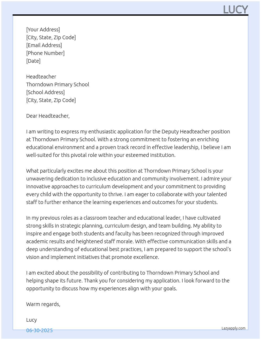 Cover letter for deputy headteacher - LazyApply