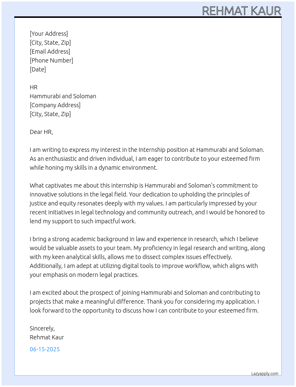 Intern At Hammurabi and Soloman Cover Letter