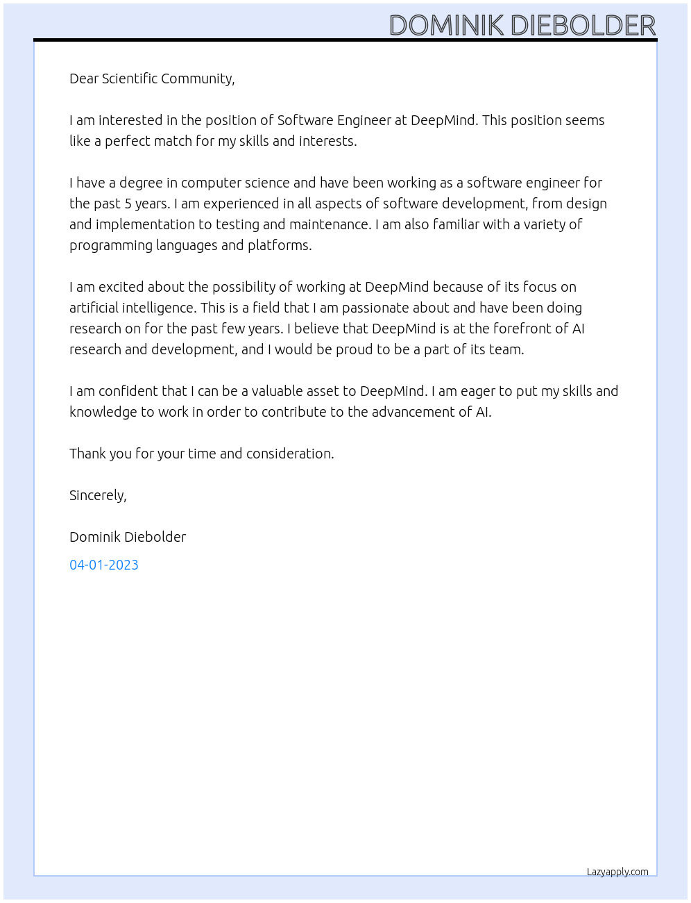 Software Engineer At DeepMind Cover Letter