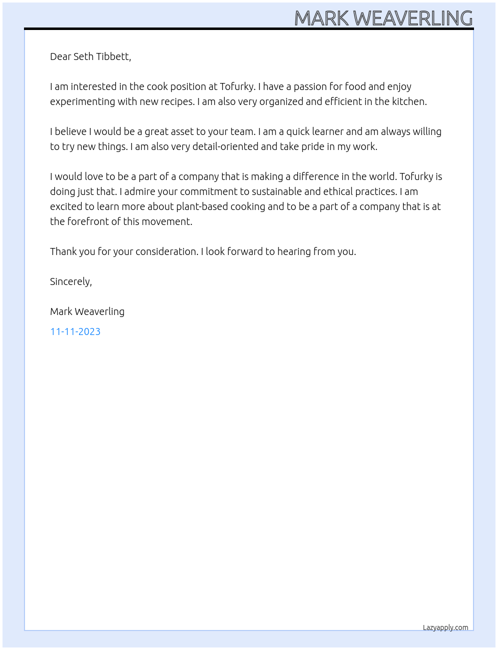 Cook At Tofurky Cover Letter