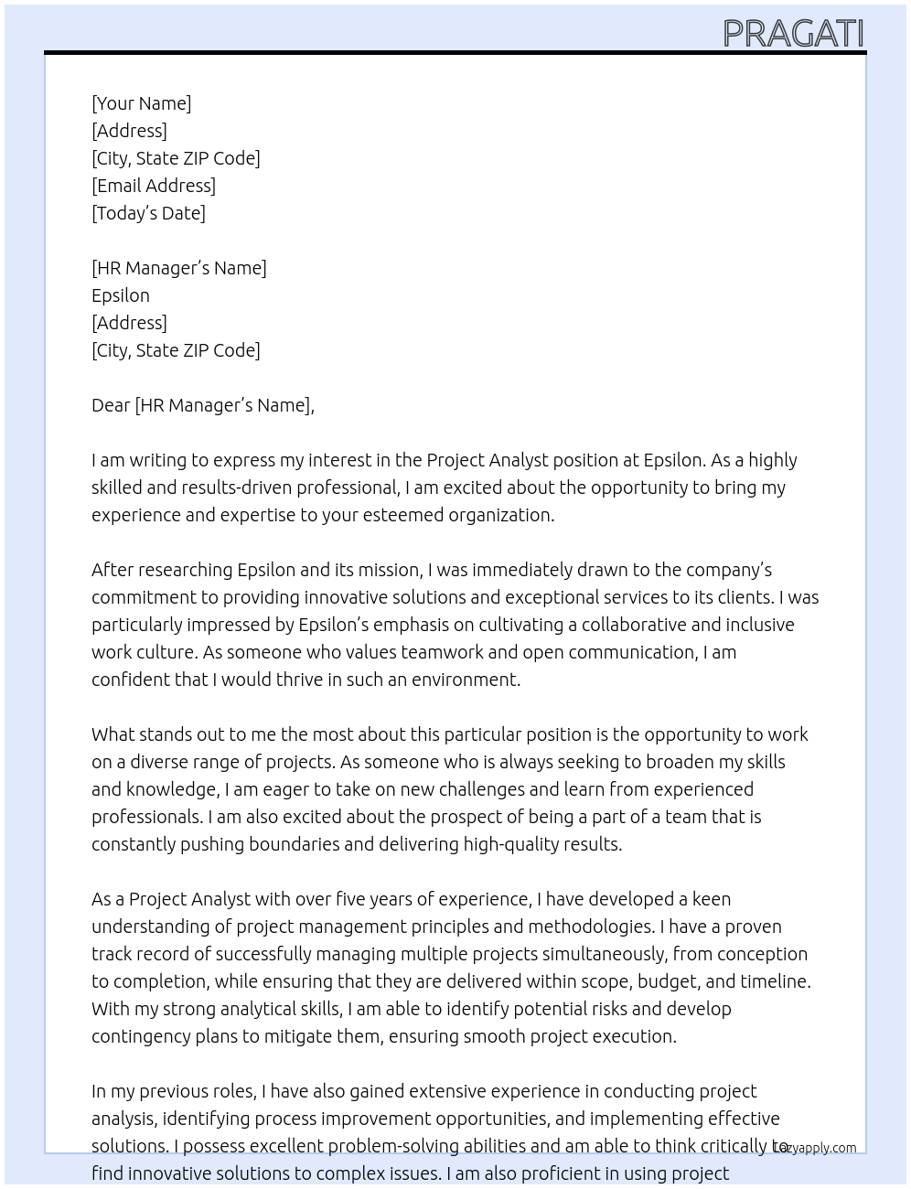 Project analyst At Epsilon Cover Letter