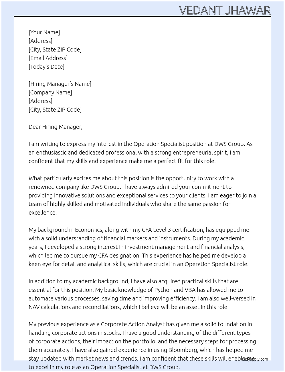 Operation Specialist At DWS Group Cover Letter