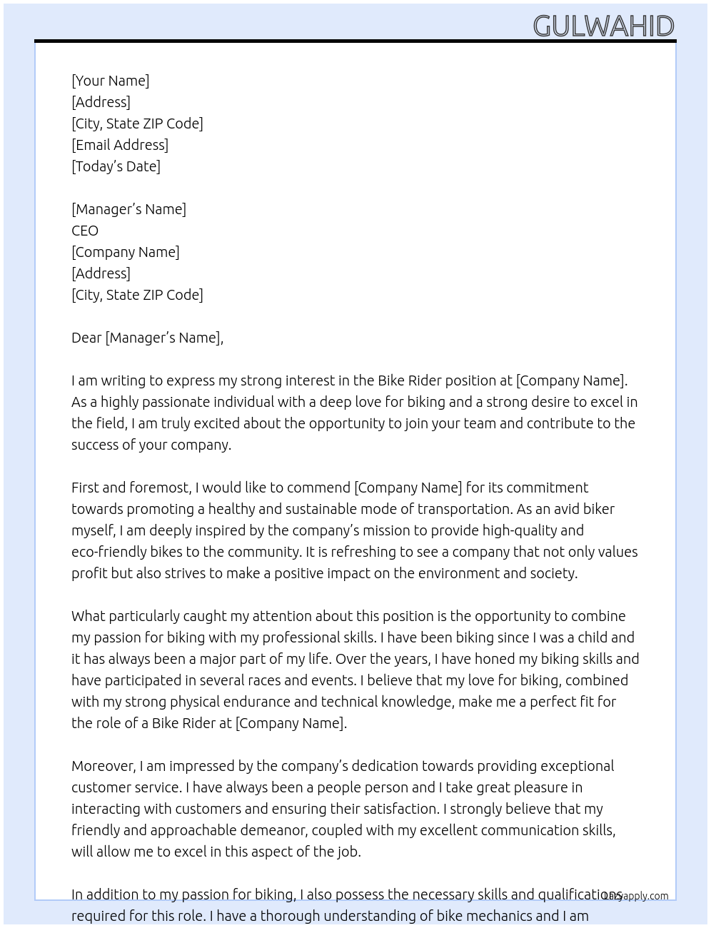 Bike rider At Other Cover Letter