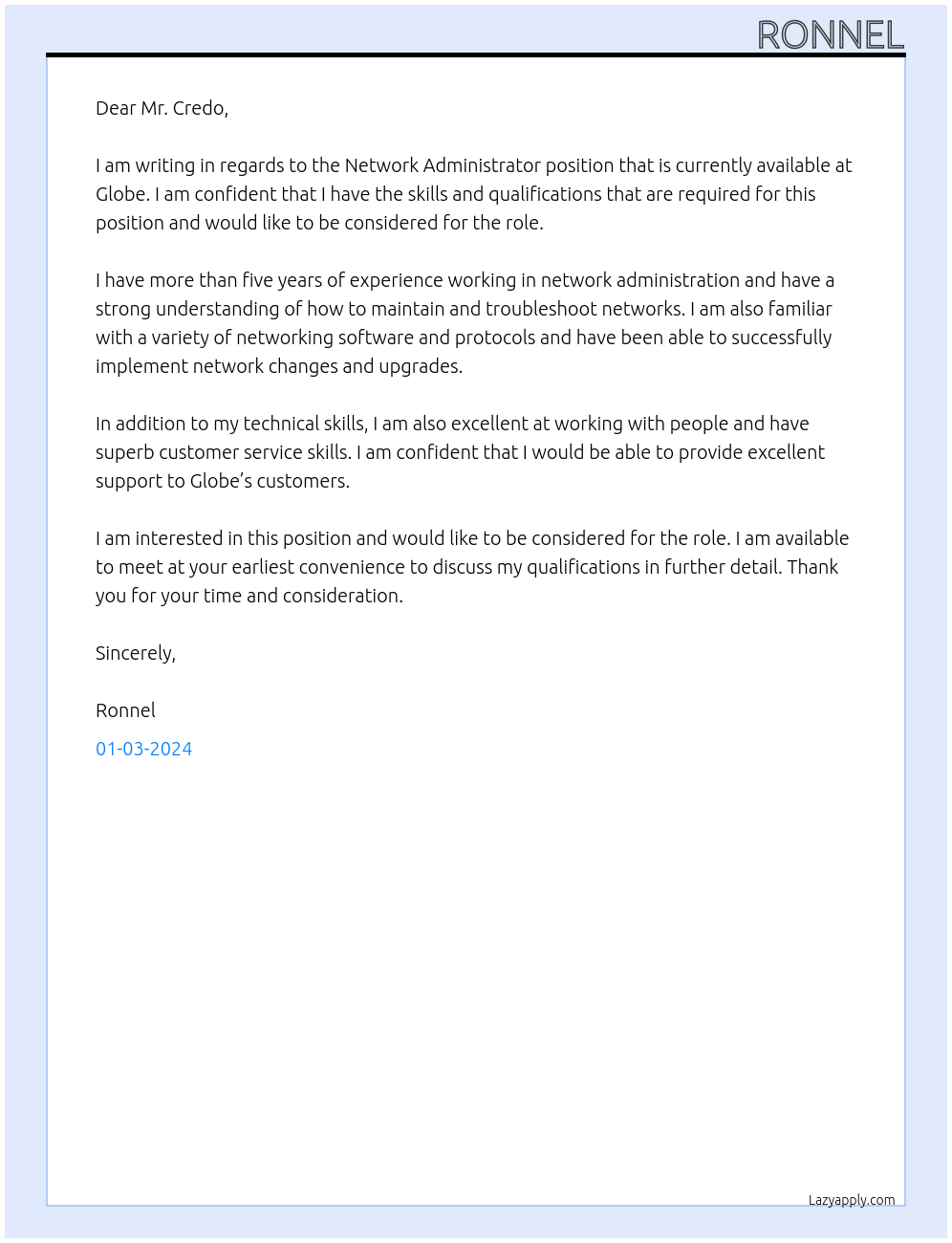 Network Administrator At Globe Cover Letter