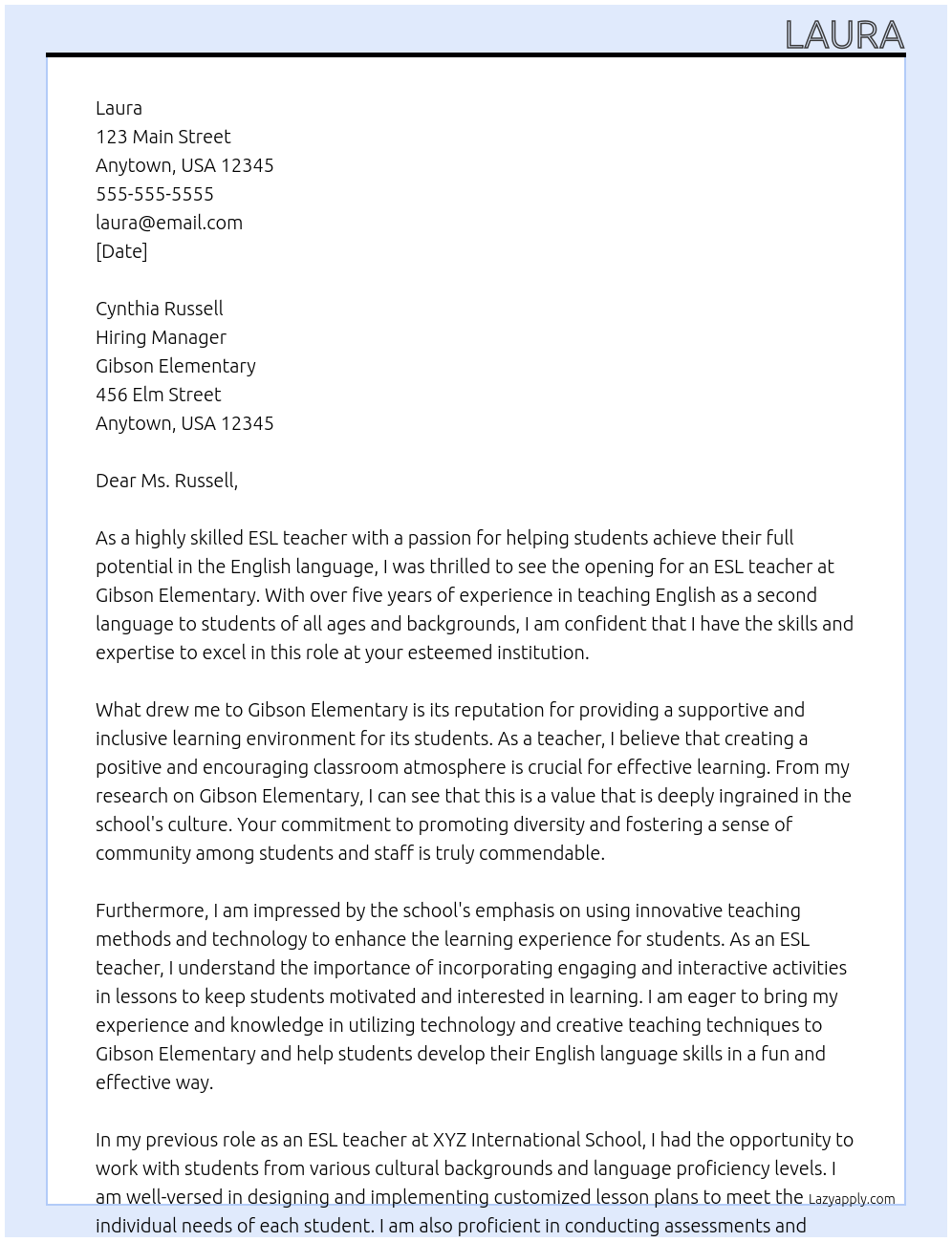 ESL teacher At Gibson Elementary Cover Letter