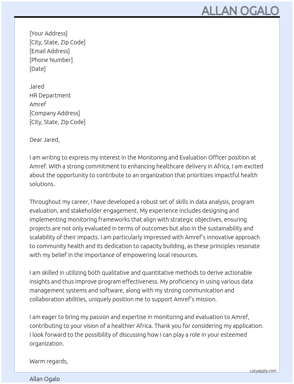 Monitoring and Evaluation Officer At Amref Cover Letter