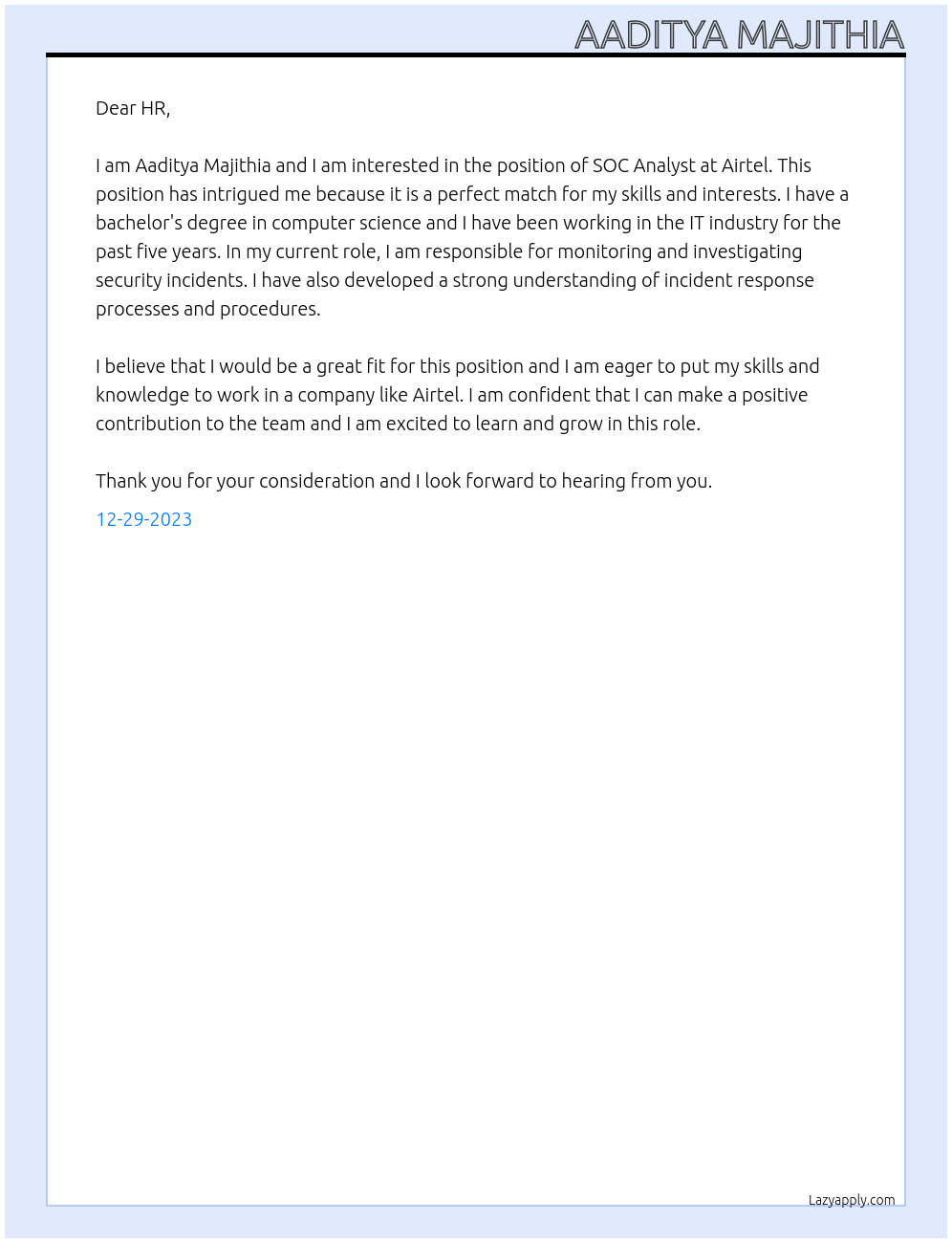 SOC ANALYSt At Airtel Cover Letter