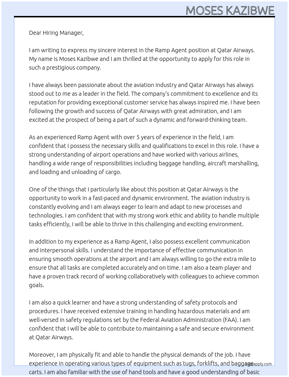 Ramp Agent At Qatar Airways Cover Letter