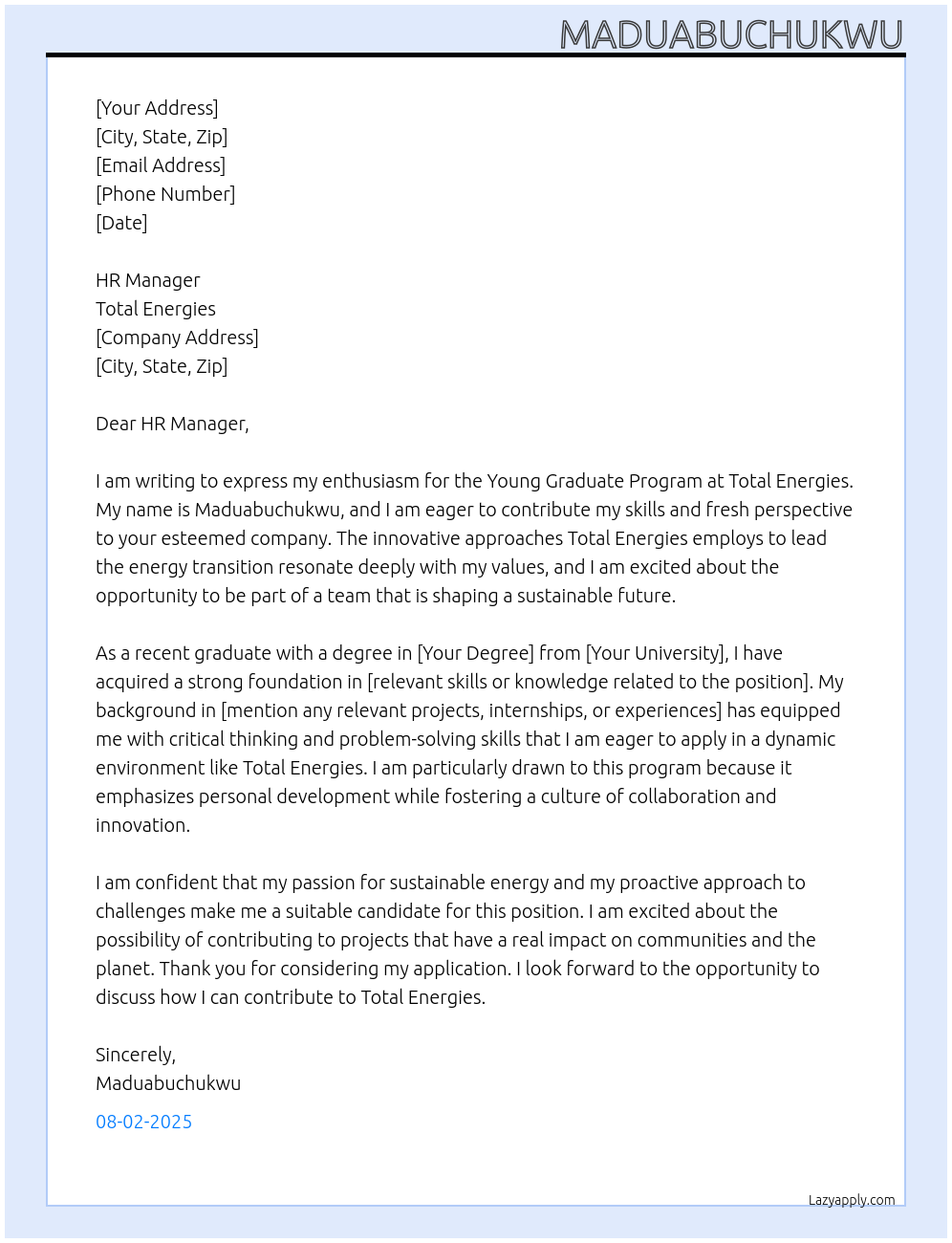 Young Graduate Program At Total Energies Cover Letter