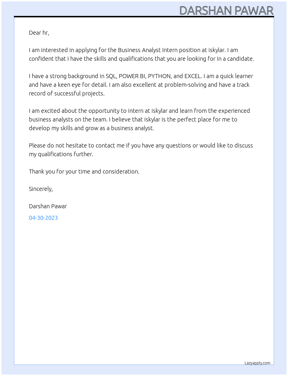 Business Analyst Intern At iskylar Cover Letter