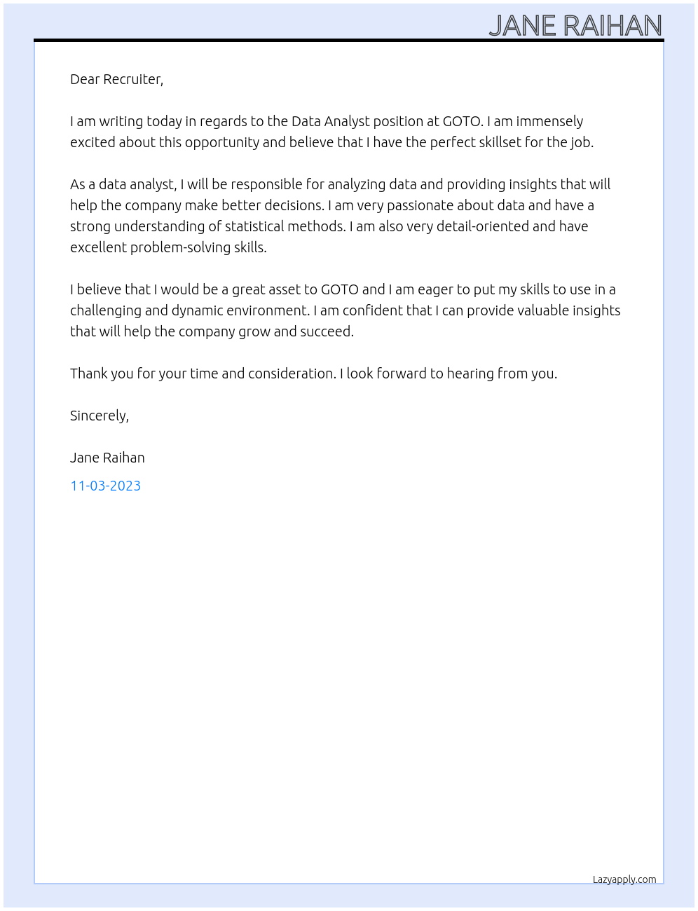 Data Analyst At GOTO Cover Letter
