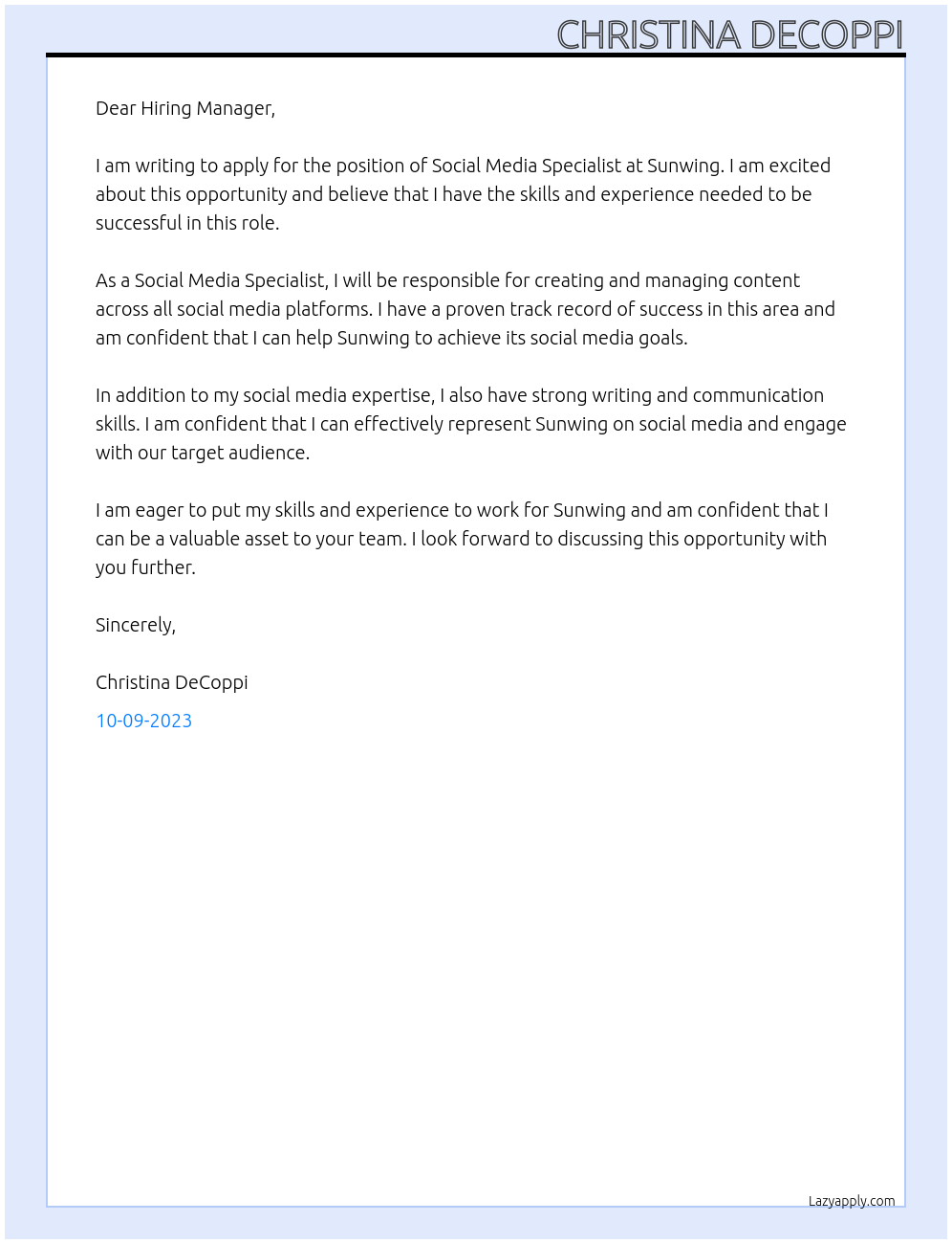 Social Media Specialist At Sunwing Cover Letter