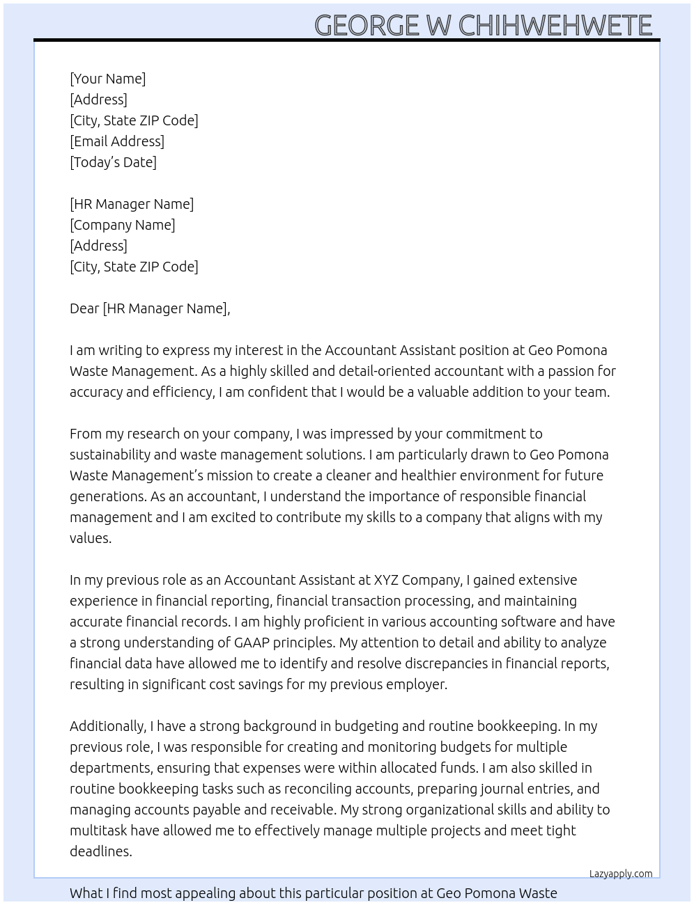Accountant assistant At Geo Pomona Waste Management Cover Letter