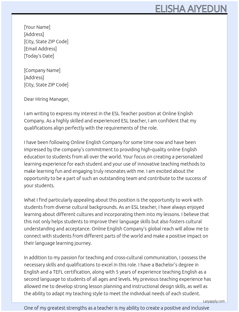 ESL Teacher At Online english company Cover Letter