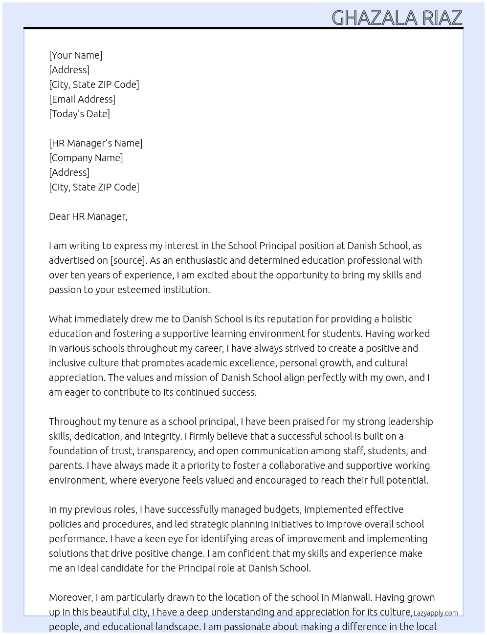 school principal  At Danish School Cover Letter