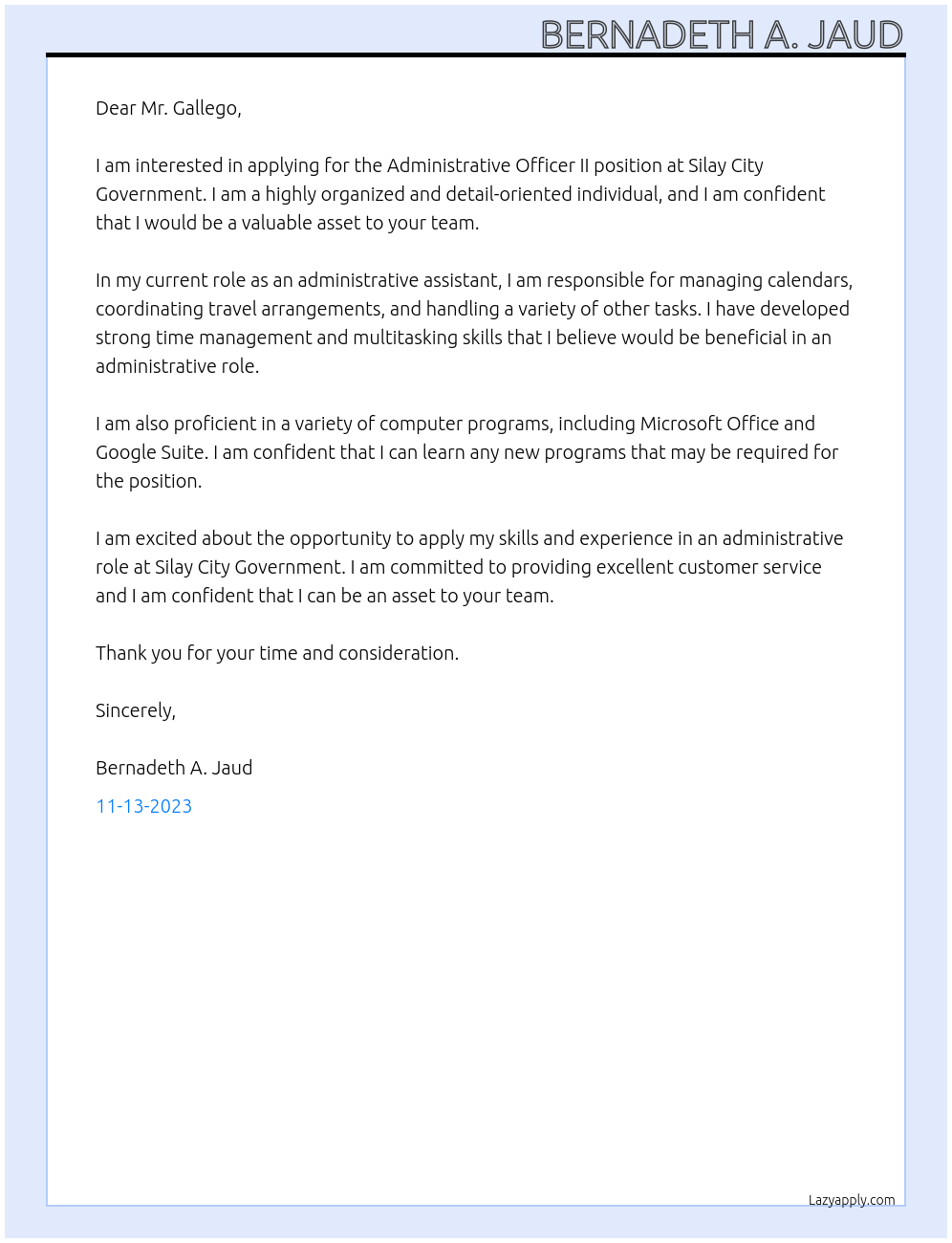 Administrative Officer II At Silay City Government Cover Letter