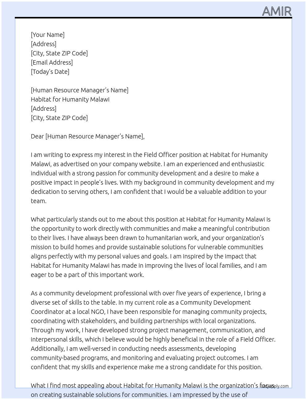 Field Officer At Habitat for Humanity Malawi Cover Letter