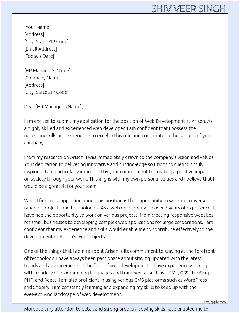 Web development At Arisen Cover Letter