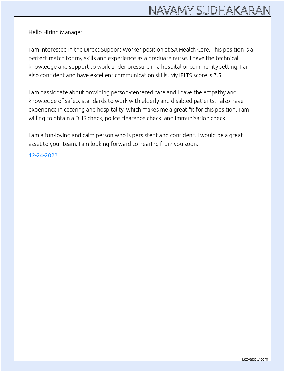 Direct support worker At SA Health Care Cover Letter