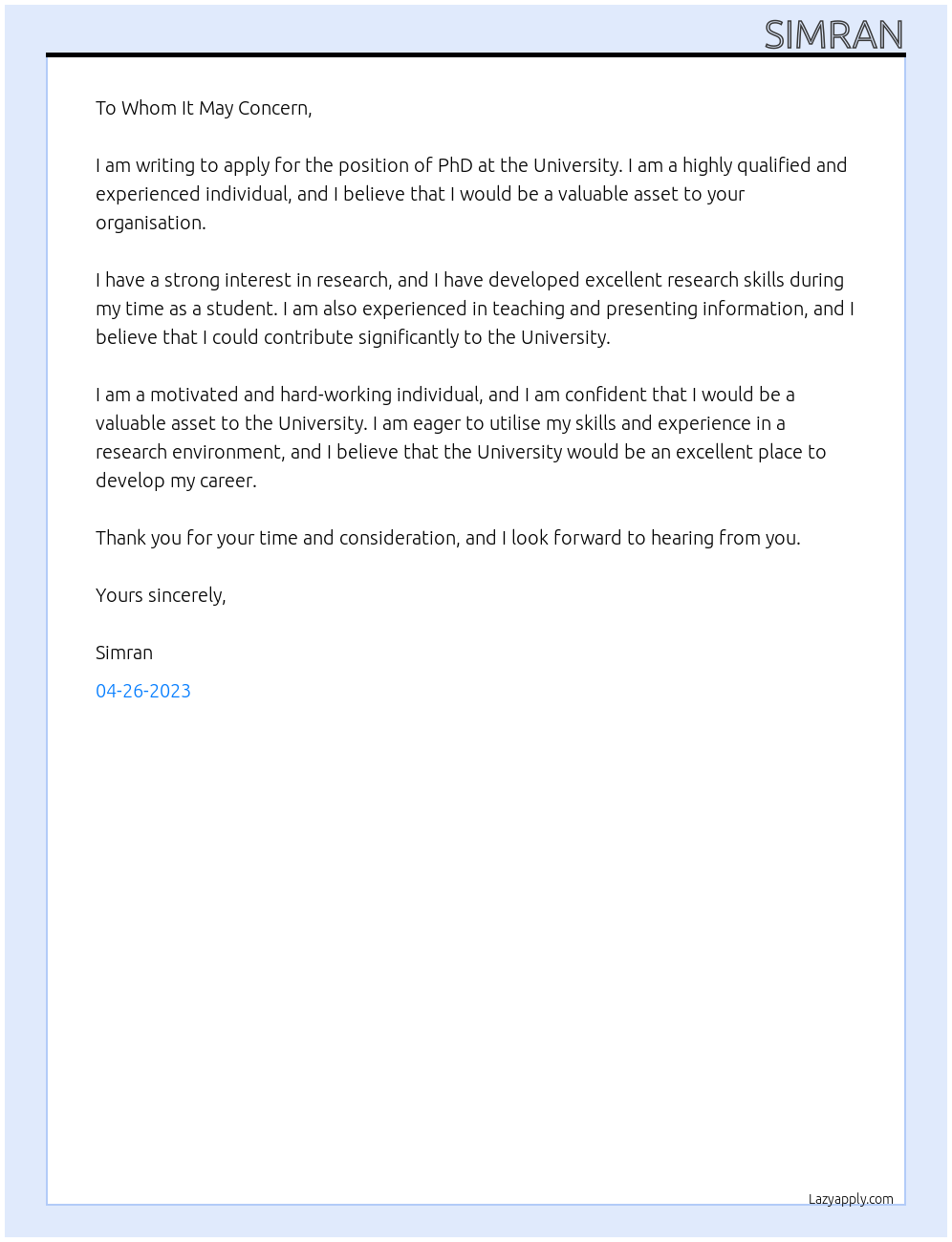 PHD At UNIVERSITY Cover Letter