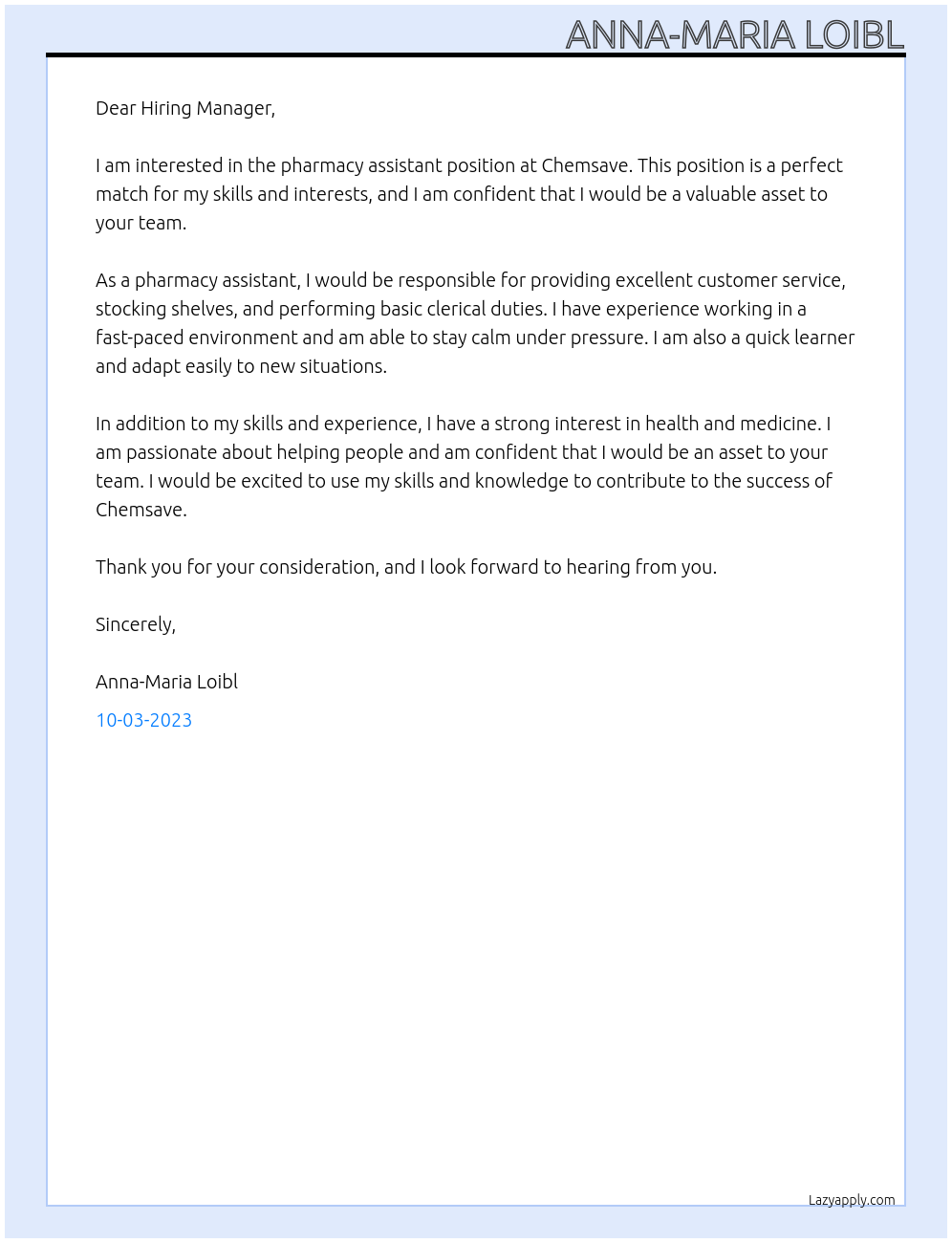 pharmacy assistant At Chemsave Cover Letter