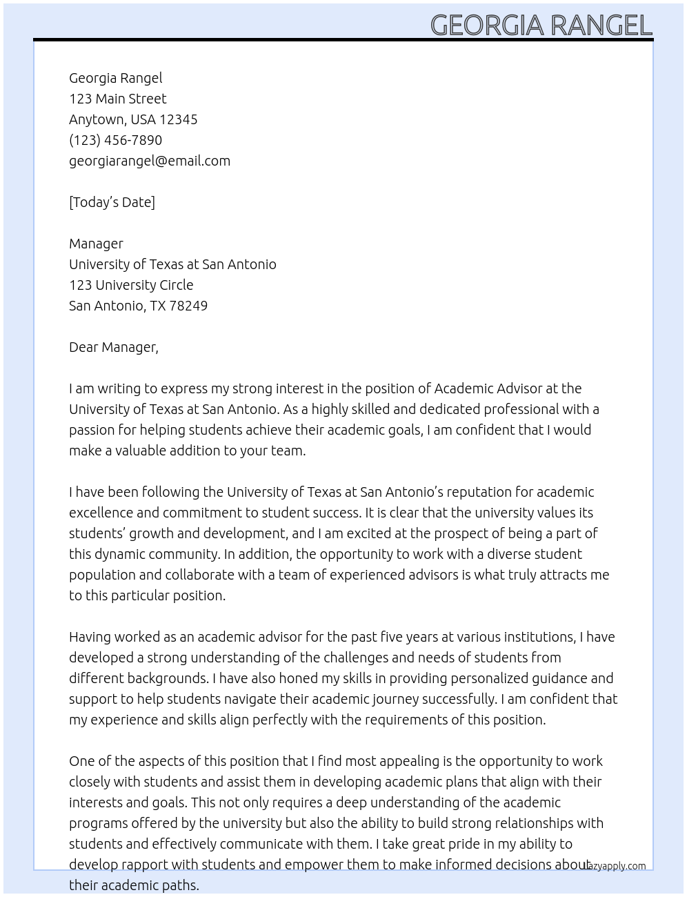 Academic Advisor At University of Texas at San Antonio Cover Letter