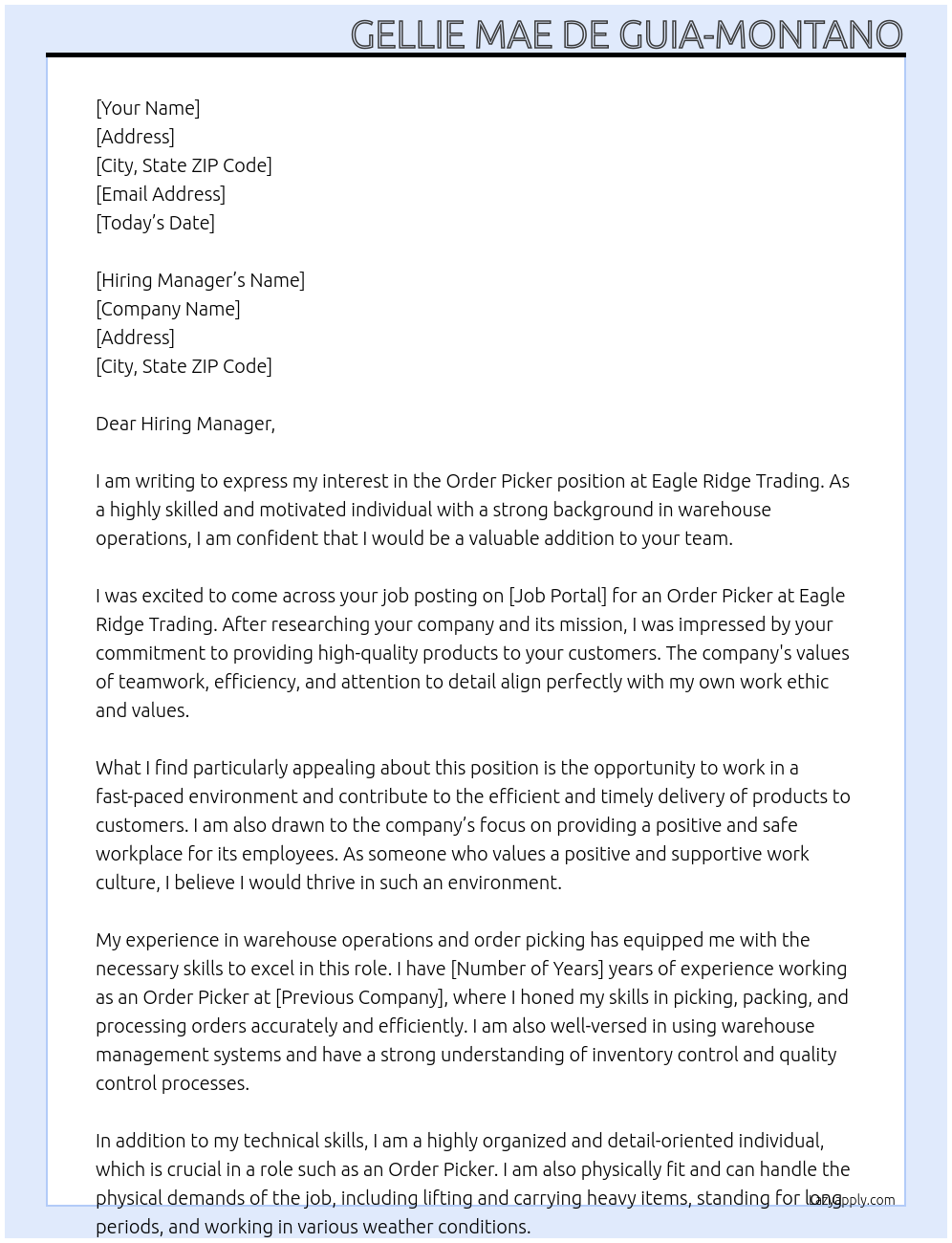 Order Picker At Eagle Ridge Trading Cover Letter
