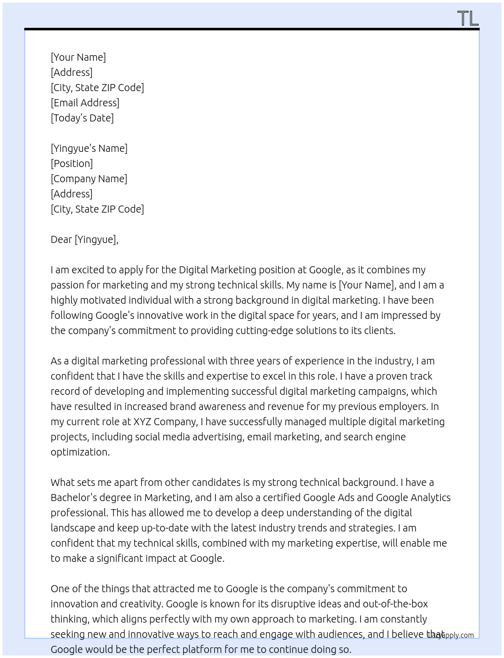 digital marketing At google Cover Letter