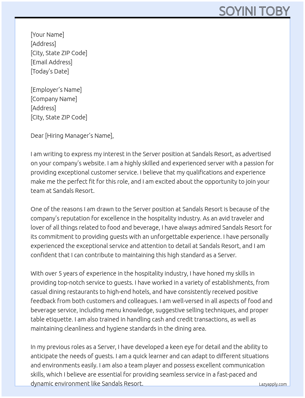 Server At Sandals resort Cover Letter