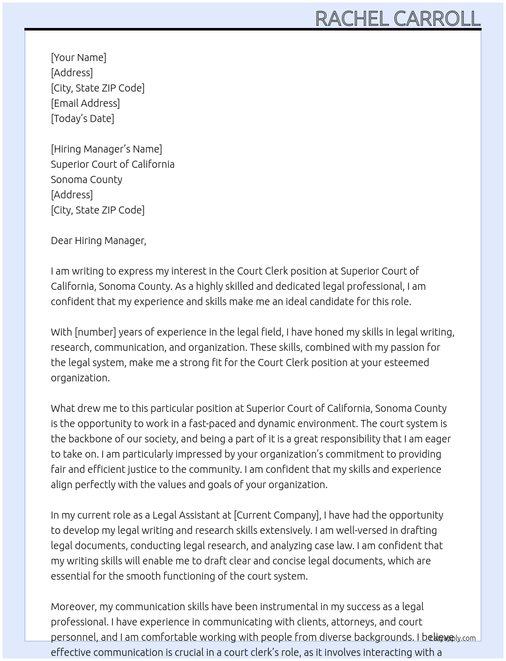 Court Clerk At Superior Court of California, Sonoma County Cover Letter